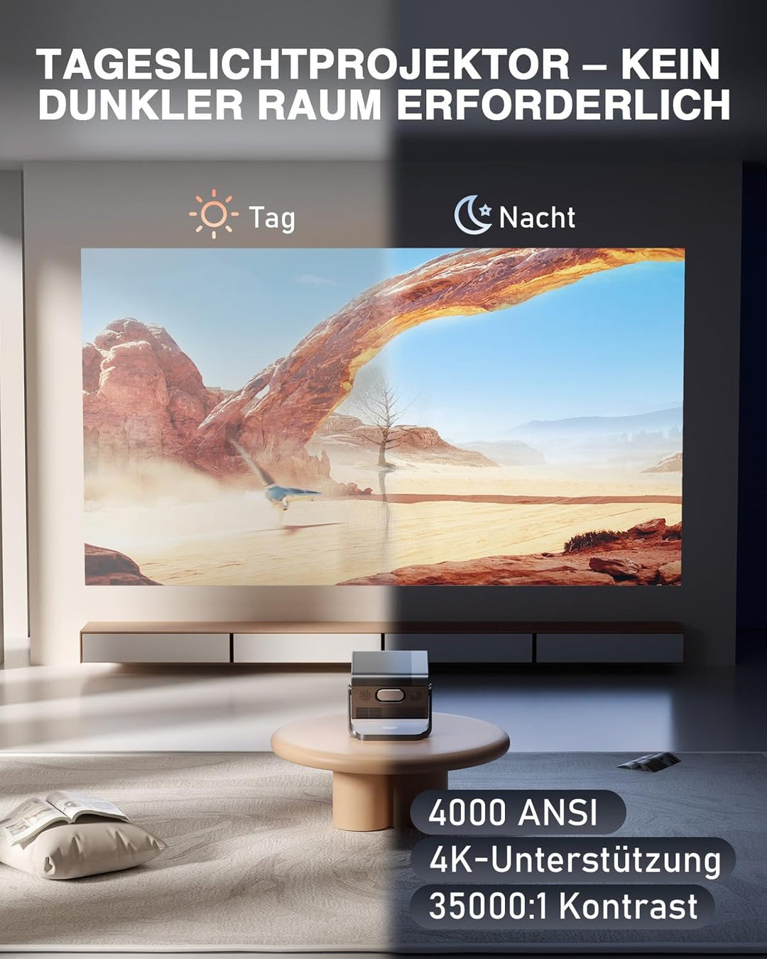Smart Beamer 4K【Offiziell APPs & Dolby Audio】 4000ANSI Auto Fokus/6D Trapezkorrektur Video Projector