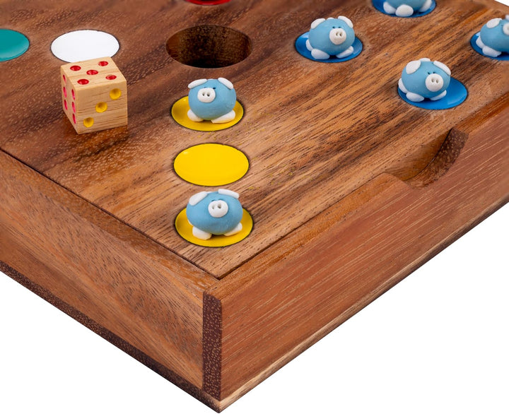 Engelhart Schweinchen Spiel Wurfelspiel mit 60 Keramik Schweinchen – Ferkelspiel in Holzbox, lustige