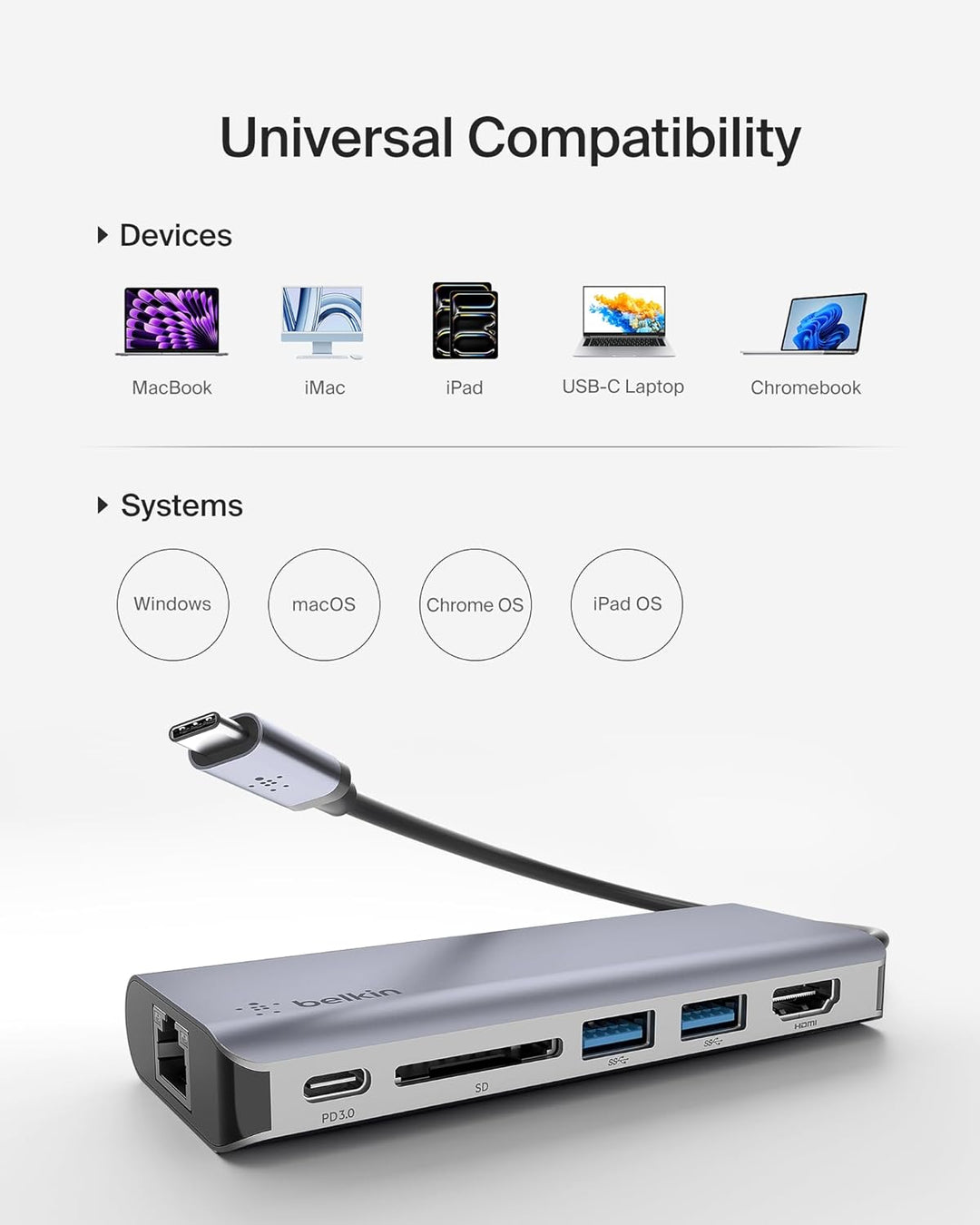 Belkin USB-C-Hub, 6-in-1-MultiPort-Adapter-Dock mit 4K-HDMI, USB-C und 100 W zum Laden (Passthrough)
