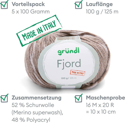 Gründl Wolle Fjord Made in Italy (52% Schurwolle Merino superwash, 48% Microfaser, 5 x 100 g/125 m,