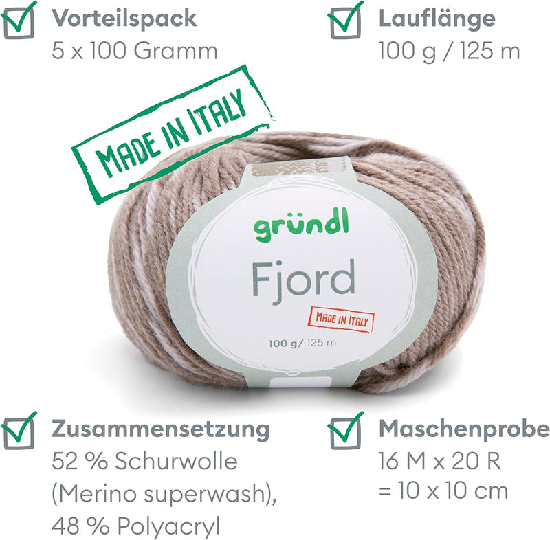 Gründl Wolle Fjord Made in Italy (52% Schurwolle Merino superwash, 48% Microfaser, 5 x 100 g/125 m,