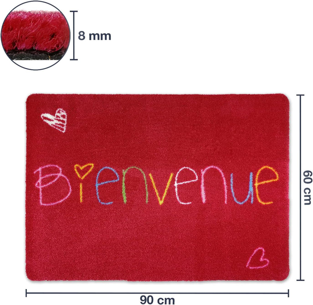 deco-mat Fussmatte Bienvenue 60 x 90 cm Rot - rutschfeste, waschbare Fussmatte für Aussen und Innen