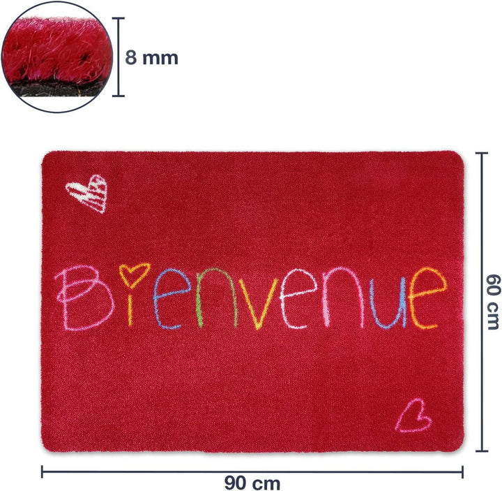 deco-mat Fussmatte Bienvenue 60 x 90 cm Rot - rutschfeste, waschbare Fussmatte für Aussen und Innen
