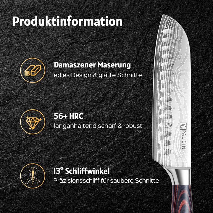 PAUDIN Santokumesser, Klingenlänge17cm Kochmesser aus deutschem Messerstahl, Sushi Messer Küchenmess
