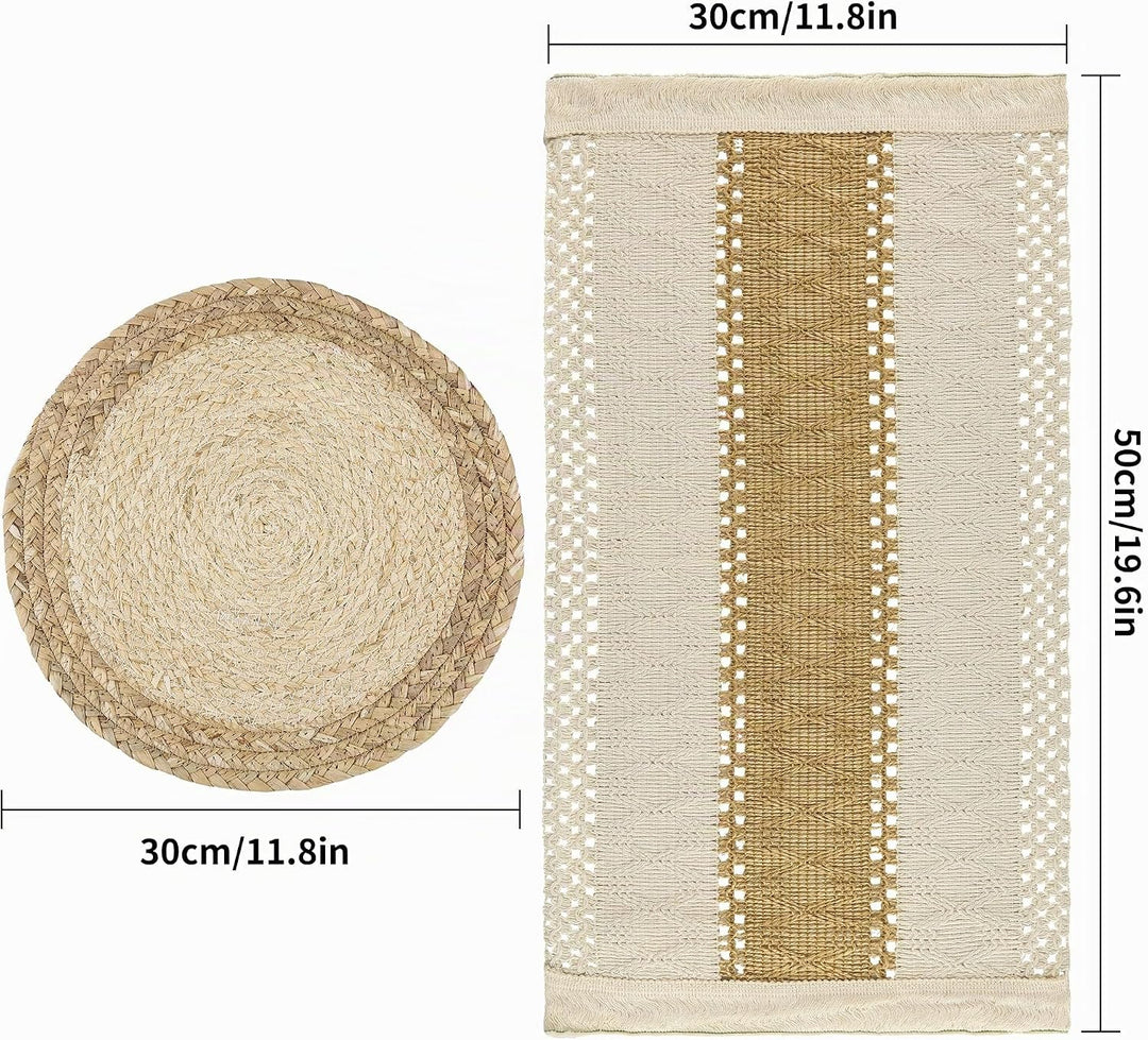Zology Handgefertigte Boho Tischsets 4er Set - Natürliche Baumwolle Sackleinen und Wasser Stroh Gewe