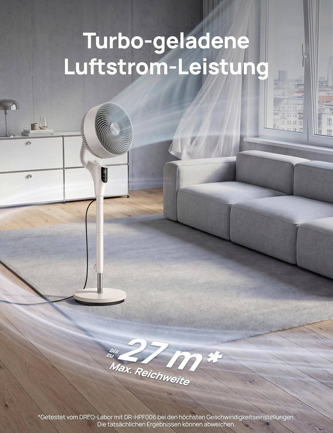 Dreo Leiser Standventilator, 1444m³/h Luftvolumen oszillierende Ventilator, 3 Stufen 6H Timer Turmve