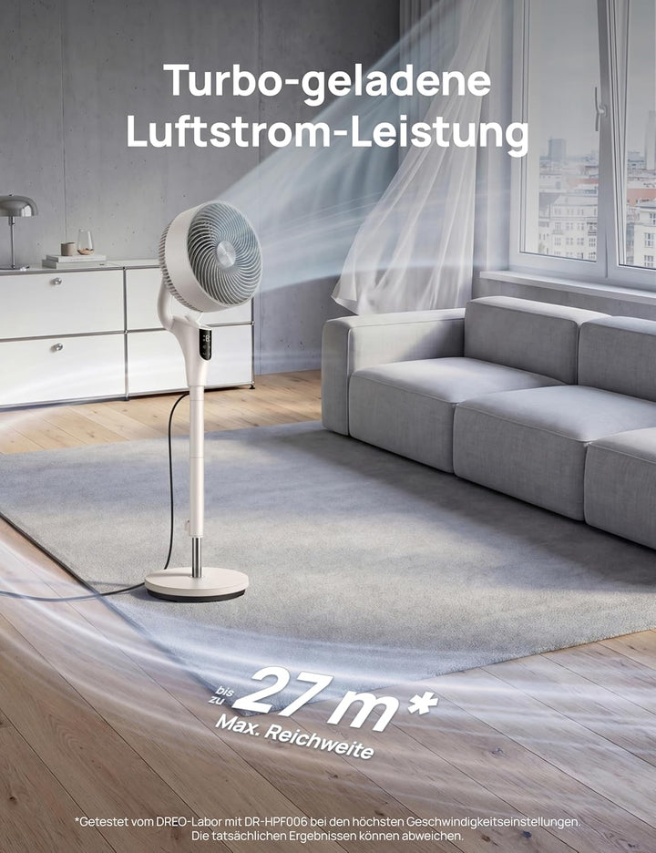 Dreo Leiser Standventilator, 1444m³/h Luftvolumen oszillierende Ventilator, 3 Stufen 6H Timer Turmve