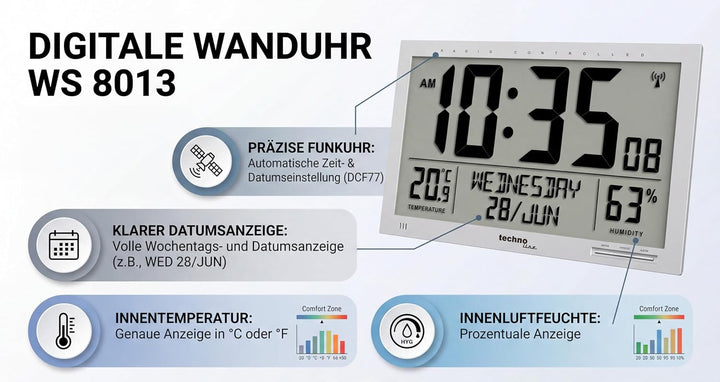 Technoline WS 8013 - digitale, moderne Designer XL Funkwanduhr, schlanker Rahmen, Temperaturanzeige,