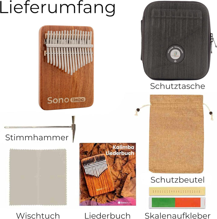 Kalimba "Sonolimba" mit 17 Schlüsseln in C - Dur aus Korallenholz. Daumenklavier inkl. Set mit Liede