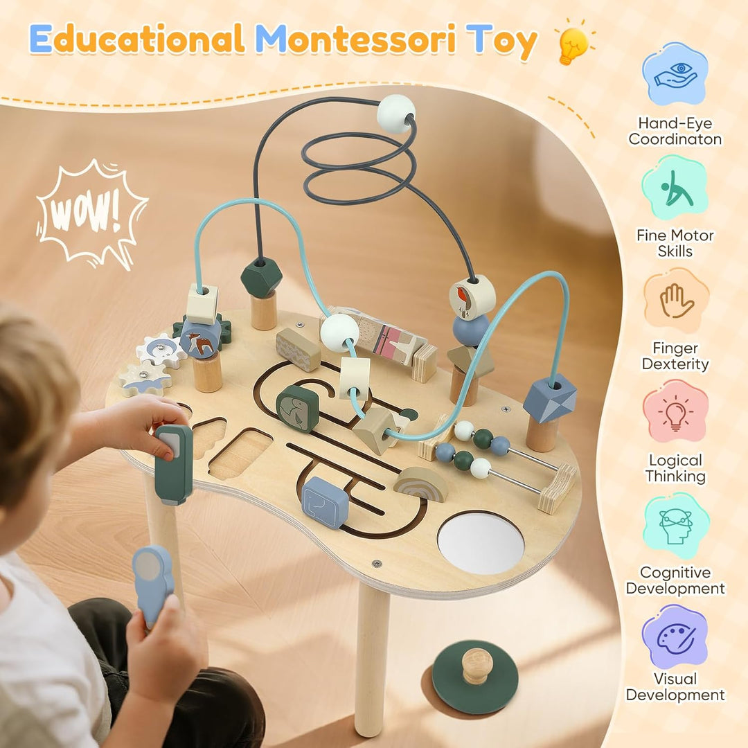 Holz-Aktivitätstisch für Kinder, Baby Montessori Spielzeug 7-in-1 Spieltisch ab 3 Jahr, Activity Cen