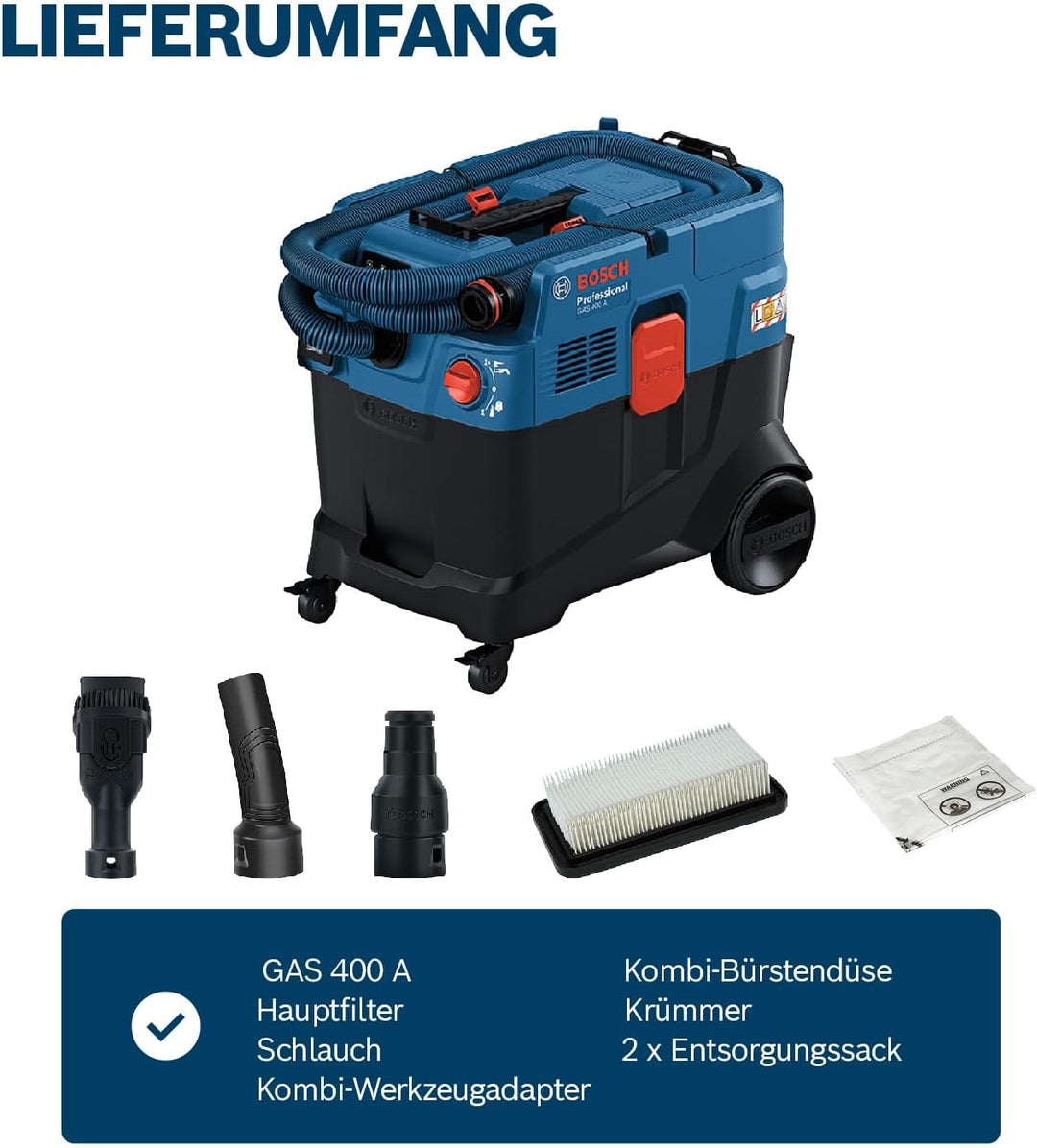 Bosch Professional Allessauger Gas 400 A (1200 W, automatische Filterreinigung (AFC), inkl. Hauptfil