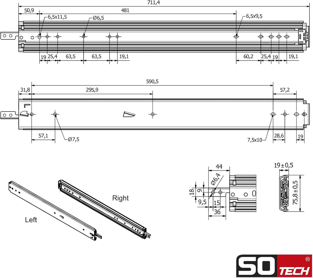 1 Paar SOTECH Schwerlastauszüge VarioSlide KV2-200-H76-L700-EH 711,4 mm mit Lock-in/out Einrastfunkt