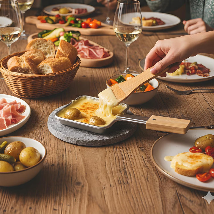 8er Set Edelstahl Raclette Pfännchen Quadratisch mit Extra Langem Griff und Bambusgriff, 8 Bambus Sp