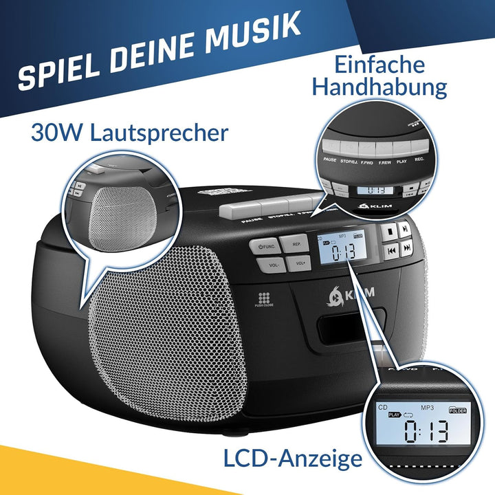 KLIM CD Player mit Kassette, Kassettenspieler, Kassettenrekorder, Radio mit CD und Kassette, CD Play