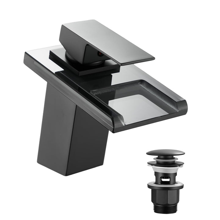 Wasserhahn Bad,Wasserfall Armatur Badezimmer Glas,Schwarz Schwarz Xs, Schwarz Xs