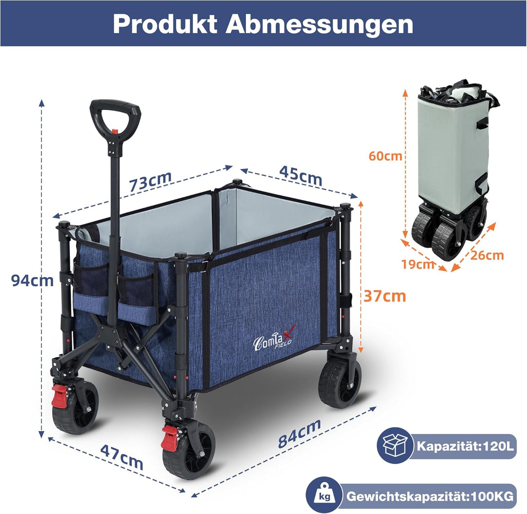 COMLAX FIELD Bollerwagen Faltbar mit Grosse All Terrain Räder, 120L 100KG Klappbarer Bollerwagen mit