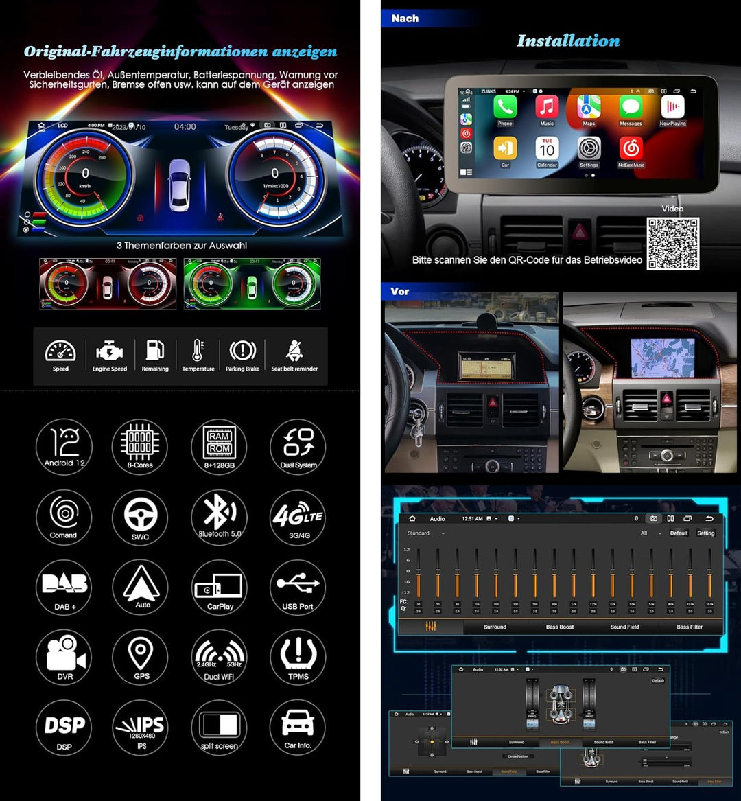 Erisin 12.3 Zoll 8GB+128GB Android 12 Autoradio mit GPS Navigation für Mercedes-Benz GLK-Klasse X204