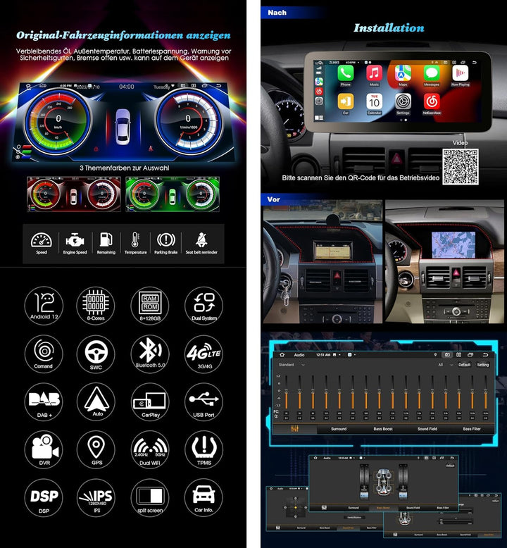 Erisin 12.3 Zoll 8GB+128GB Android 12 Autoradio mit GPS Navigation für Mercedes-Benz GLK-Klasse X204