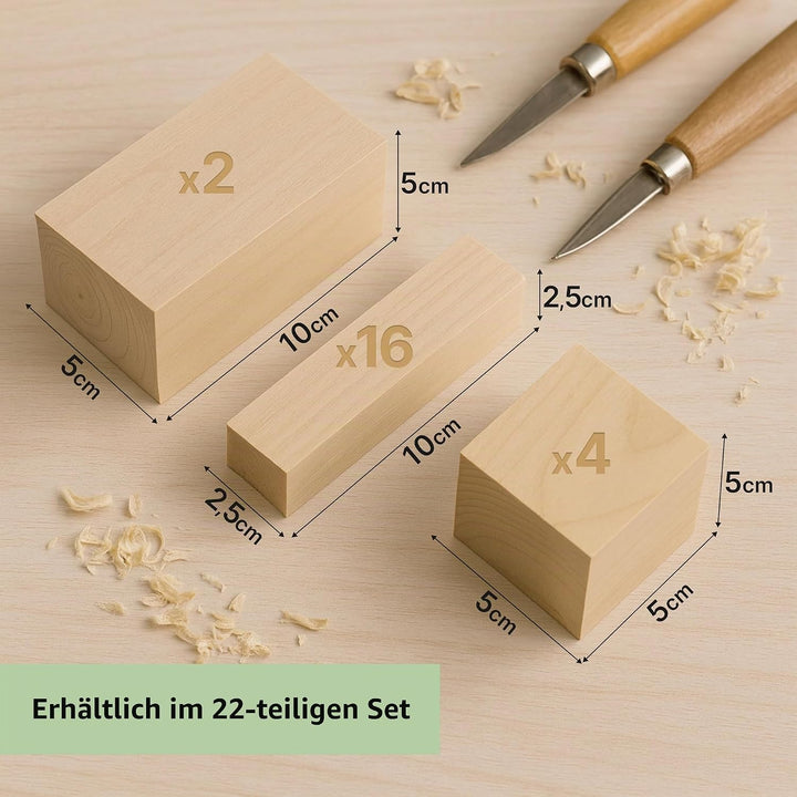 Lindenholz zum Schnitzen - 22 Stück Schnitzholz Rohlinge Set für Anfänger &amp; Kinder - Weiche Holzblöc