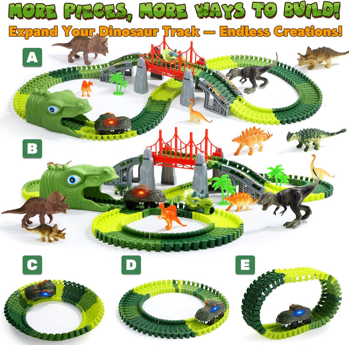 EagleStone Dinosaurier Rennbahn Set – 225 Teile Flexible Rennstrecke, 1 elektrisches Dino Auto mit L