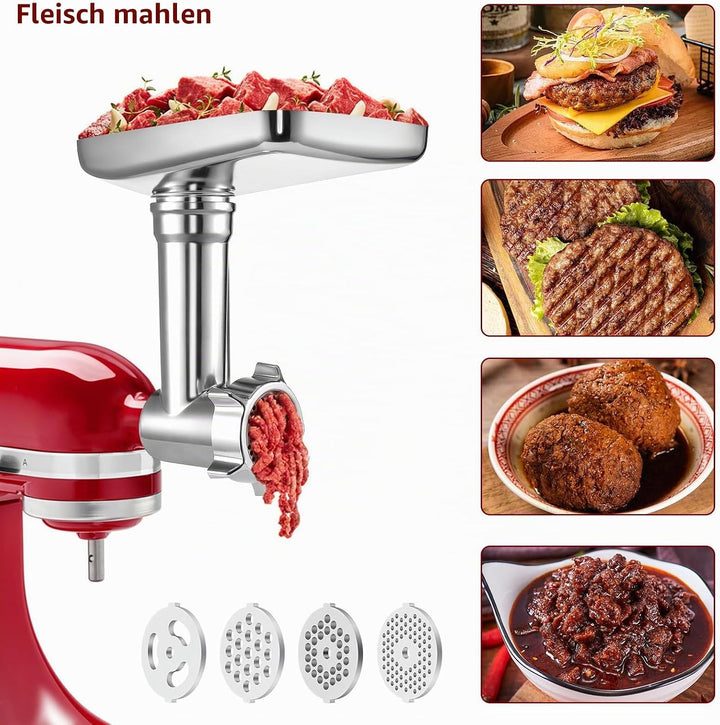 Fleischwolf Aufsatz für KitchenAid Küchenmaschinen, Fleischwolf Zubehör inklusive 3 Wurstfüllrohre,