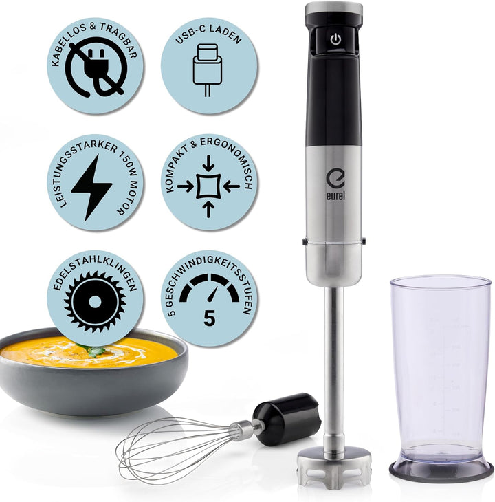 EUREL TRENDLine MP74 Stabmixer Set – Kabelloser Pürierstab mit 150W DC-Motor, 5 Geschwindigkeiten, S