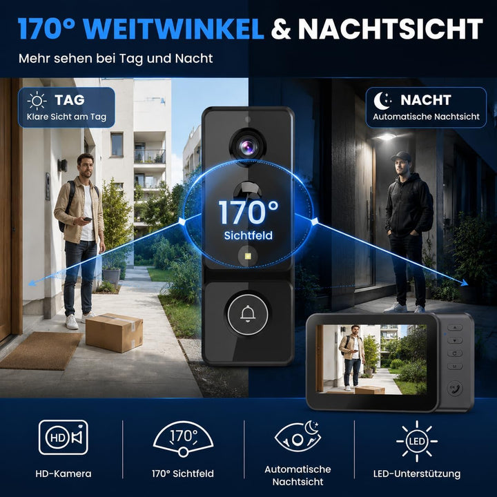 TKMARS Türklingel Funk mit Kamera Funkklingel Aussen Wasserdicht mit 4,3 Zoll IPS Monitor,ohne WLAN
