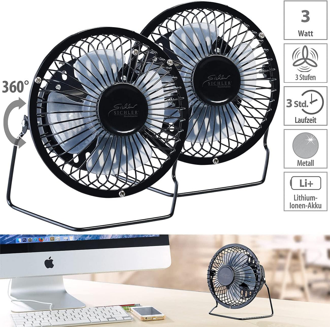 Sichler Haushaltsgeräte Ventilator klein: 2er-Set Mini-Akku-Tischventilatoren, Vollmetall, 360° neig