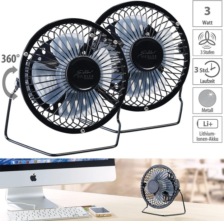 Sichler Haushaltsgeräte Ventilator klein: 2er-Set Mini-Akku-Tischventilatoren, Vollmetall, 360° neig