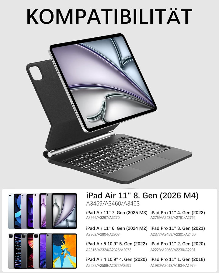 Magic Keyboard Case für iPad Air 11" (2026 M4) - Deutsch QWERTZ mit 7-Farben Beleuchtung und Touchpa