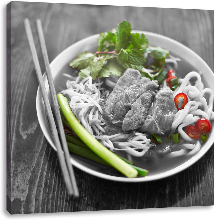 Pixxprint Nudelsuppe mit Fleisch als Leinwandbild/Grösse: 70x70 cm/Wandbild/Kunstdruck/fertig bespan