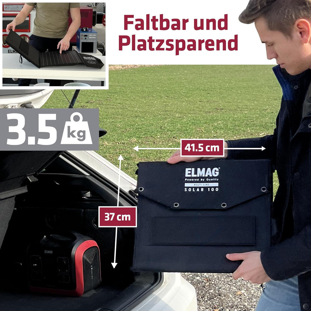 ELMAG Faltbares Solarpanel SOLAR 100 – Monokristallines 100W Solarmodul für tragbare Powerstations –