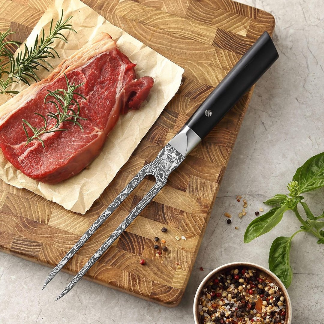 zayiko Black Edition Damastmesser Tranchiergabel I 18 cm Zinken aus 67 Lagen VG10 Damaststahl I Ergo