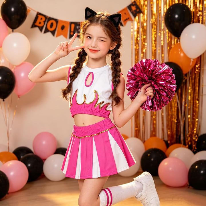 LOLANTA Mädchen Cheerleader Kostüm Schulkind Cheer Kostüm Outfit Karneval Kostüm Rosa 152-164, Rosa