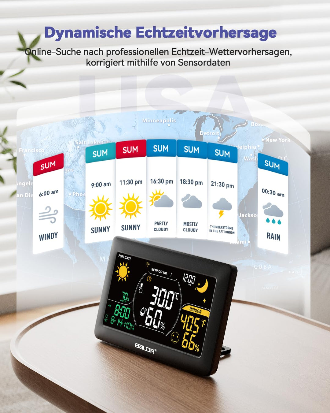 BALDR WLAN-Wetterstation mit App, 7,5-Zoll-Farbdisplay, 3 drahtlose Sensoren, kabellose Wetterstatio