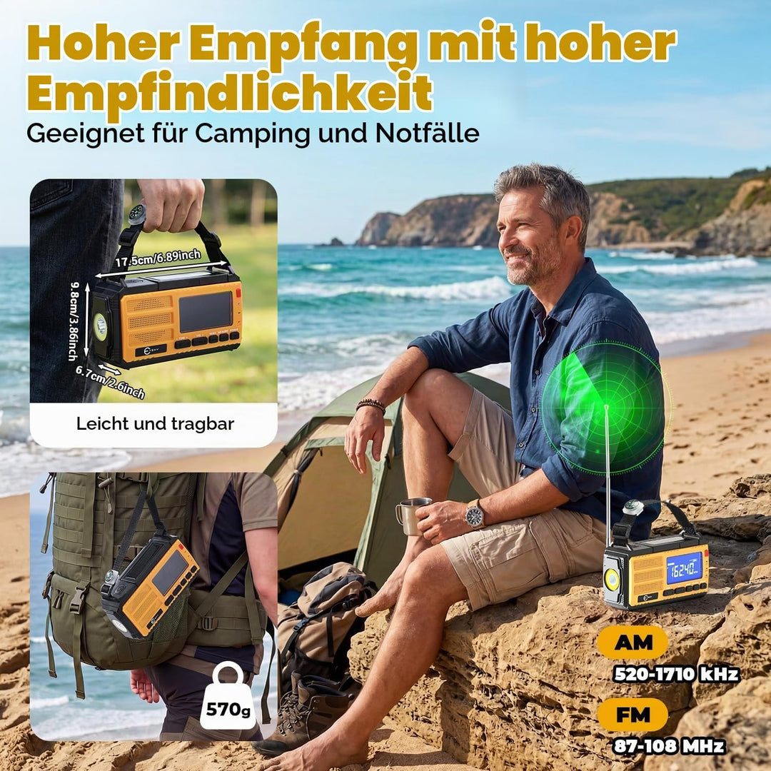 Esky Kurbelradio, 10000mAh Solar Notfallradio mit AM/FM Wiederaufladbare Weltempfänger, USB Lader, L
