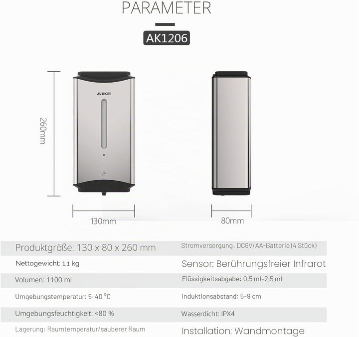 AIKE Seifenspender Automatischer Edelstahl, 1100 ml Kommerzieller Seifenspender Wandmontage mit Sich