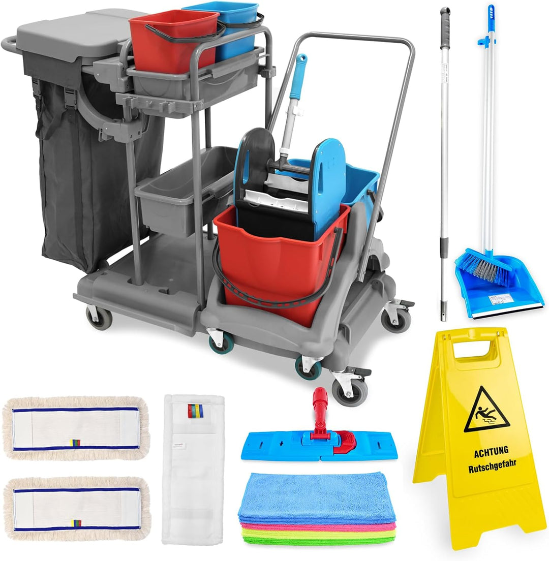 Hypafol Putzwagen Reinigungswagen Set | 2 x 18 l Eimer mit Wischmopp-Presse | Kehrgarnitur mit lange