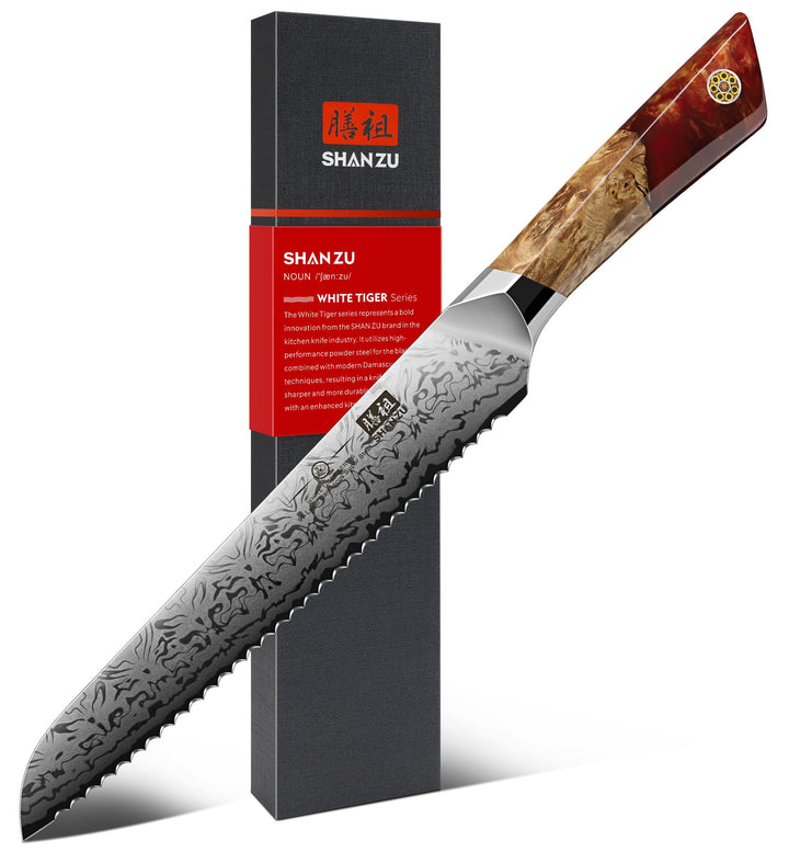 SHAN ZU Damast Brotmesser, 18cm Japanisches Küchenmesser aus SG2-Pulverstahl, Handgeschmiedetes Prof