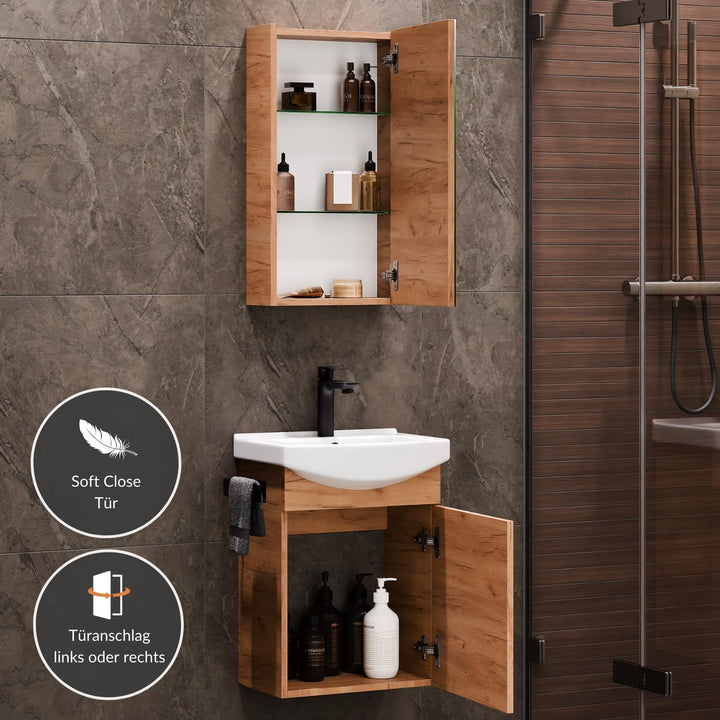Planetmöbel Badmöbel Set aus Waschtisch + Waschbecken + Spiegelschrank, Gäste Bad WC, Farbe Gold Eic