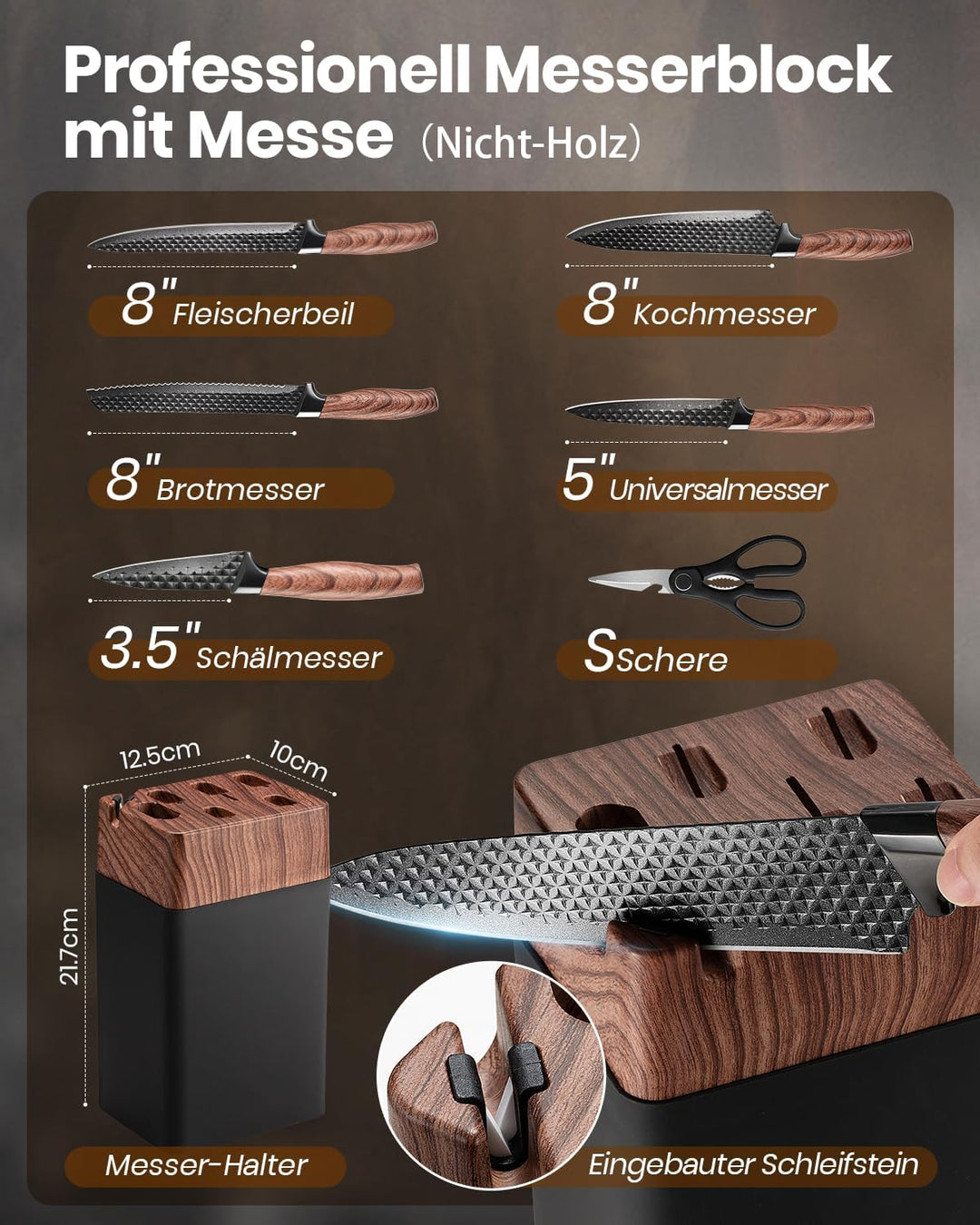 Messerblock Set, 7-teilig Scharf Messerset mit Block, Deutsche Klingen aus Hochwertigem Edelstahl un
