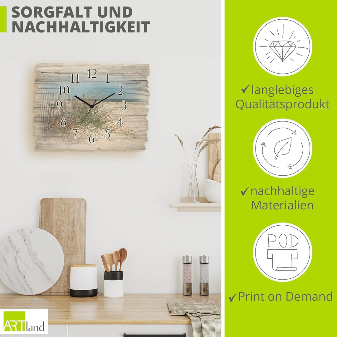 ARTLAND Wanduhr ohne Tickgeräusche aus Holz Funkuhr 40x30 cm Rechteckig Lautlos Strand Meer Düne Grä