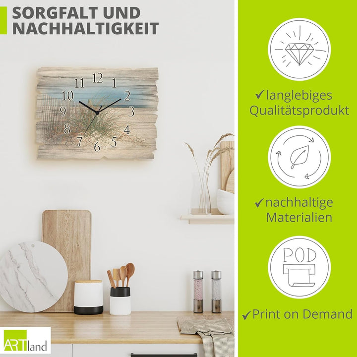 ARTLAND Wanduhr ohne Tickgeräusche aus Holz Funkuhr 40x30 cm Rechteckig Lautlos Strand Meer Düne Grä