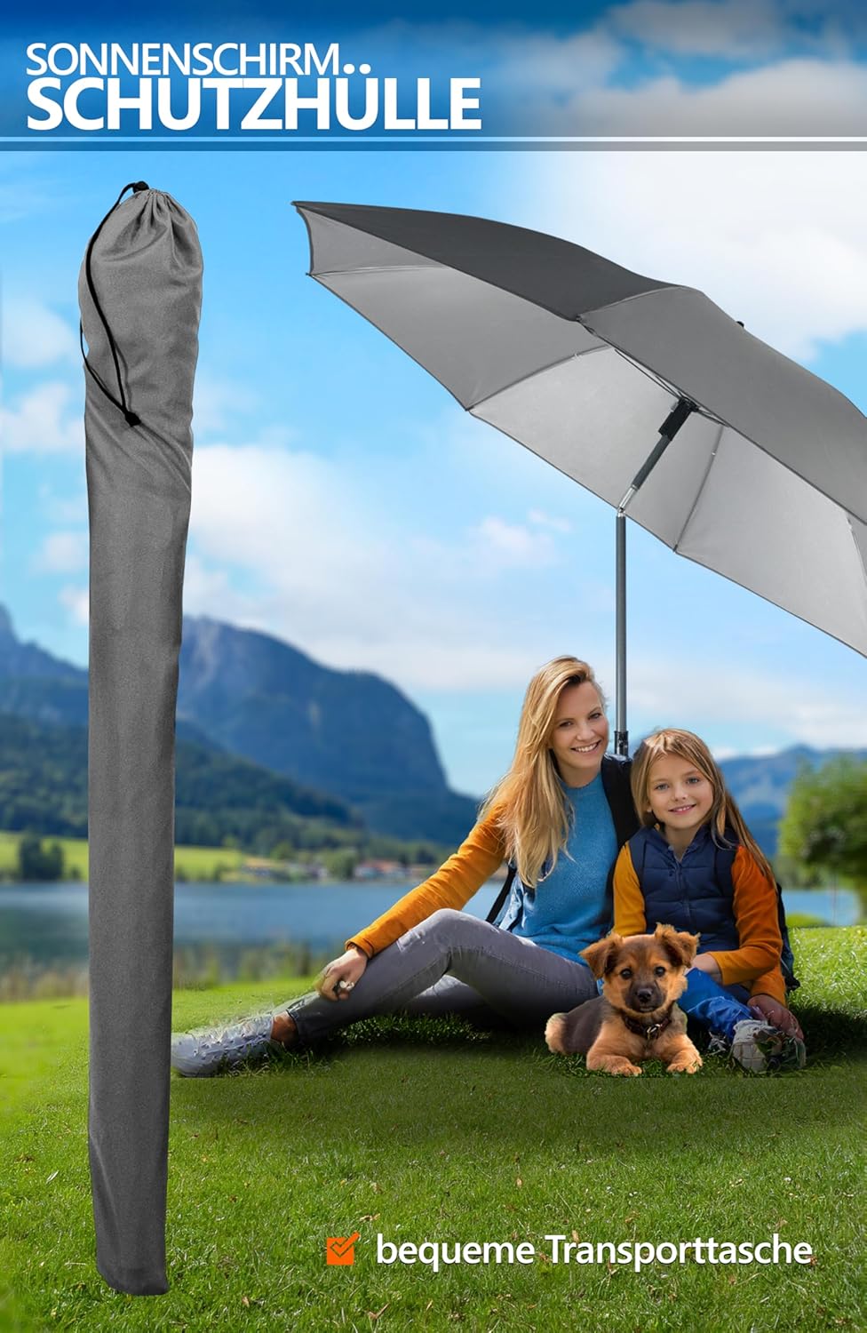 4smile Sonnenschirm Strand SunnyJoy, 3-in-1 SET, Anthrazit - UPF 50+ Strandschirm Ø 160 cm + Sonnens