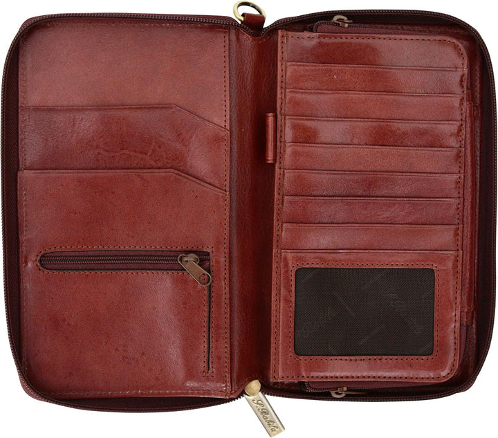 Herren Reisegeldbörse - Reisepasshülle mit Kartenfächern - als Handgelenktasche Geeignet - Cognac