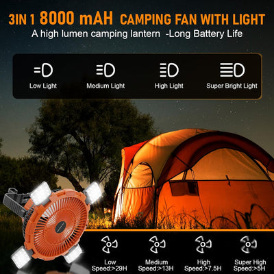 Qoosea Camping Ventilator 3 IN 1 8000mAh Campingventilator Leise mit LED Licht für Zelt USB Tischven