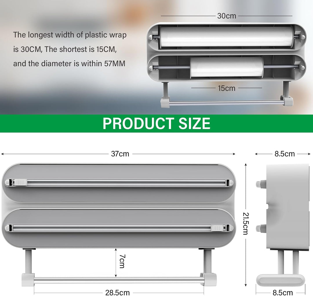 3 in 1 Frischhaltefolienspender mit Küchenrollenhalter, Folienspender mit Cutter, Küchenrollenhalter