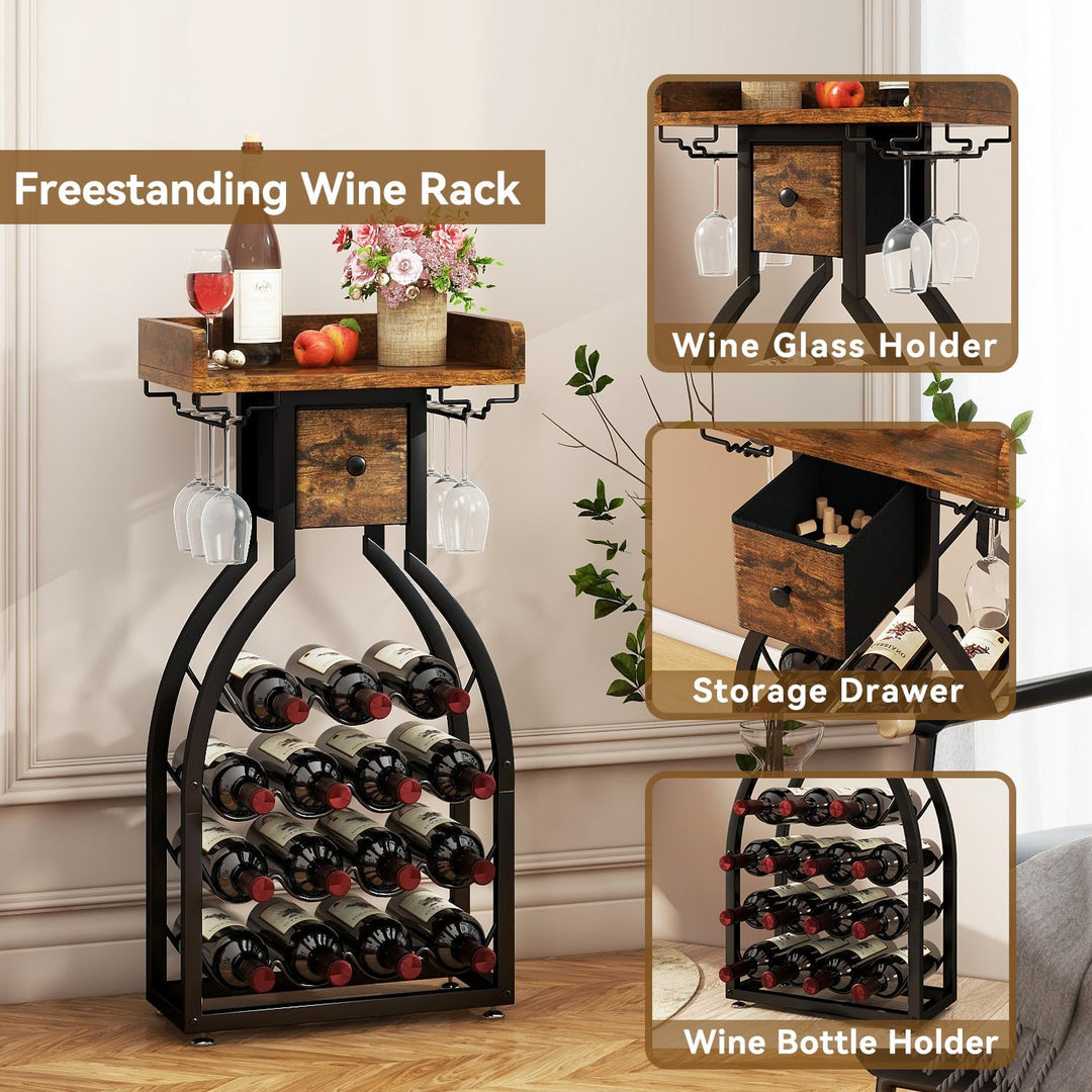 IBUYKE Weinregal Freistehend für 15 Flaschen,Flaschenregal mit Glashaltern und Speicher Schublade,Mi