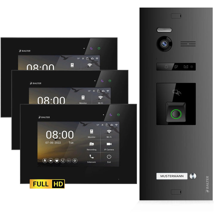 Balter EVO-HD Video Türsprechanlage mit Fingerprint, Video Türklingel, 1 Familienhaus, 3X 7 Zoll Mon