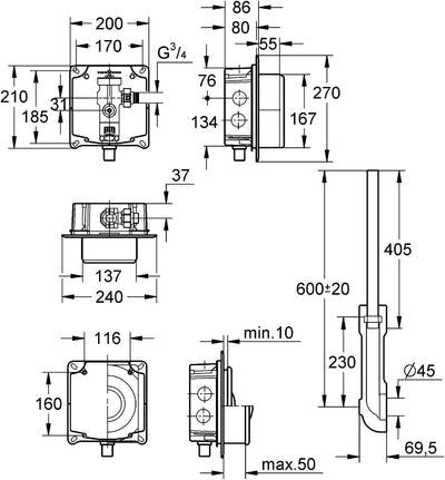 GROHE Druckpsüler für WC (Wandeinbau, 6-9l einstellbar, Spülrohr höhenverstellbar, Wandeinbaukasten